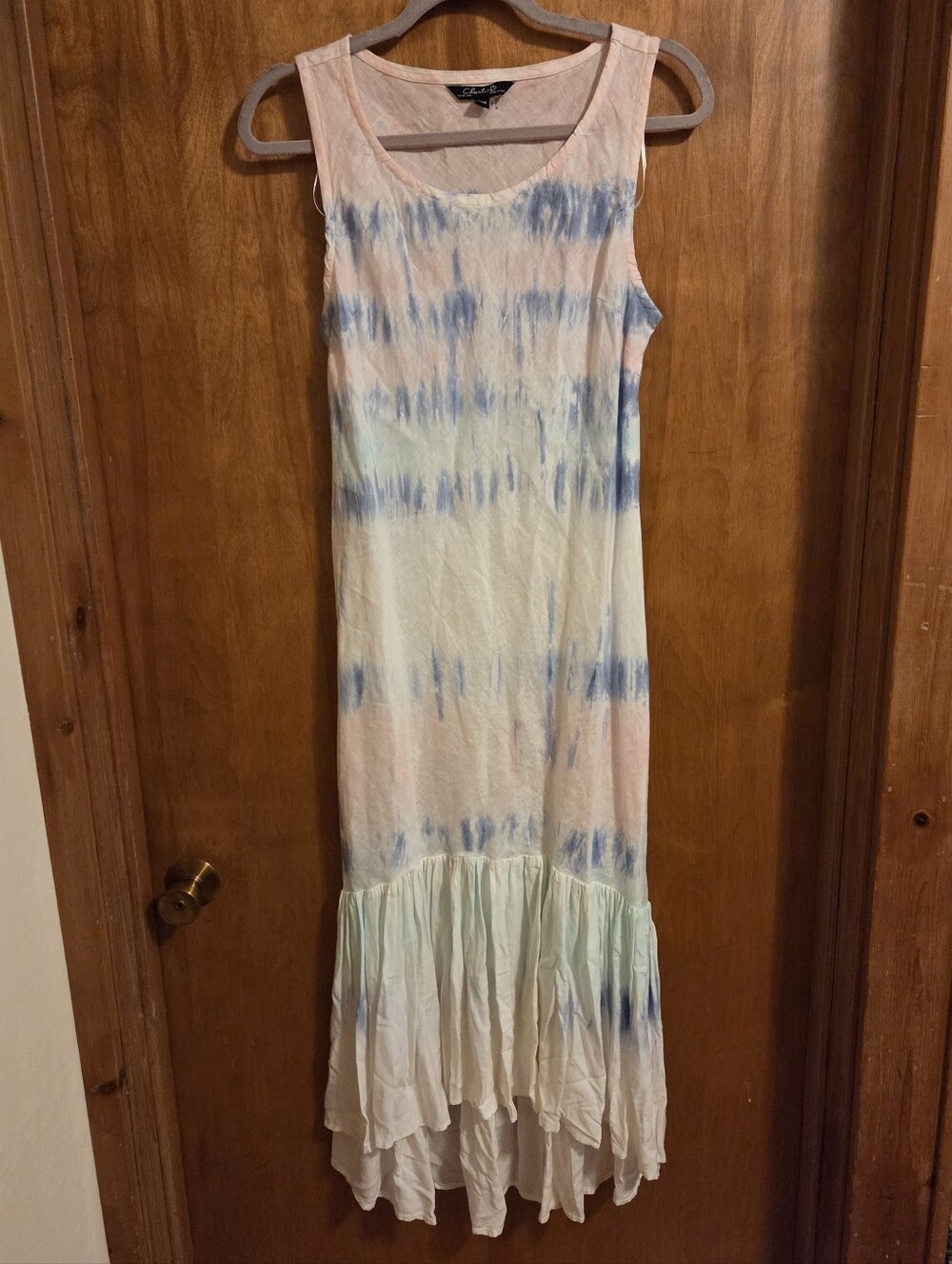 CHARLIE B Linen Tie-Dye Midi Tiered Dress in Blue, Peach & Cream Size M